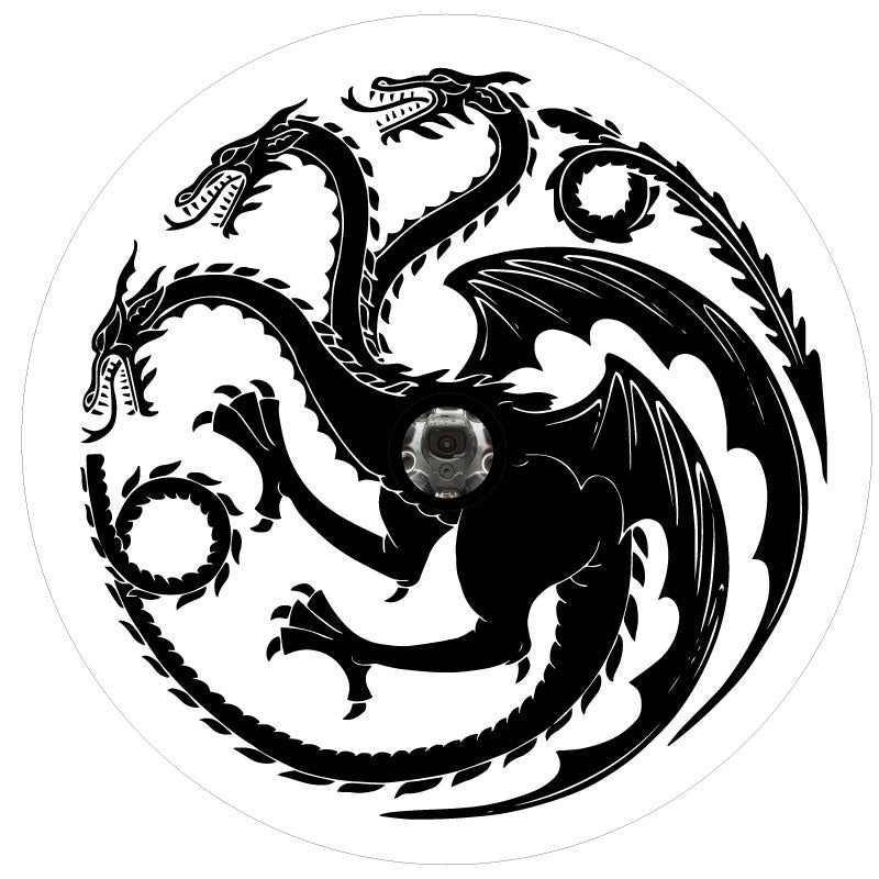 White vinyl spare tire cover with back up camera of a black house targaryen sigil of the three dragon heads from Game of Thrones and House of the Dragon. Mother of Dragons. 