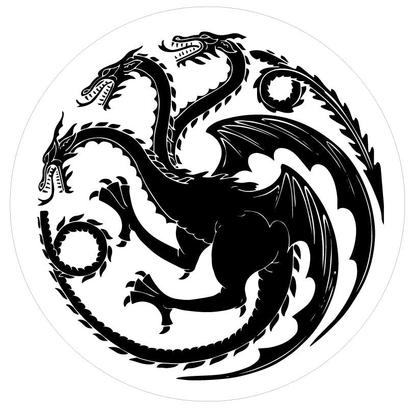 White vinyl spare tire cover with a black house targaryen sigil of the three dragon heads from Game of Thrones and House of the Dragon. Mother of Dragons. 