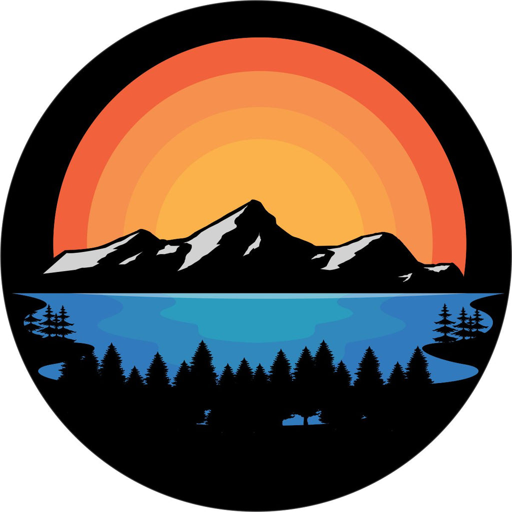 Bright orange colored sun shining behind a landscape design of mountains, lake, and trees spare tire cover design.