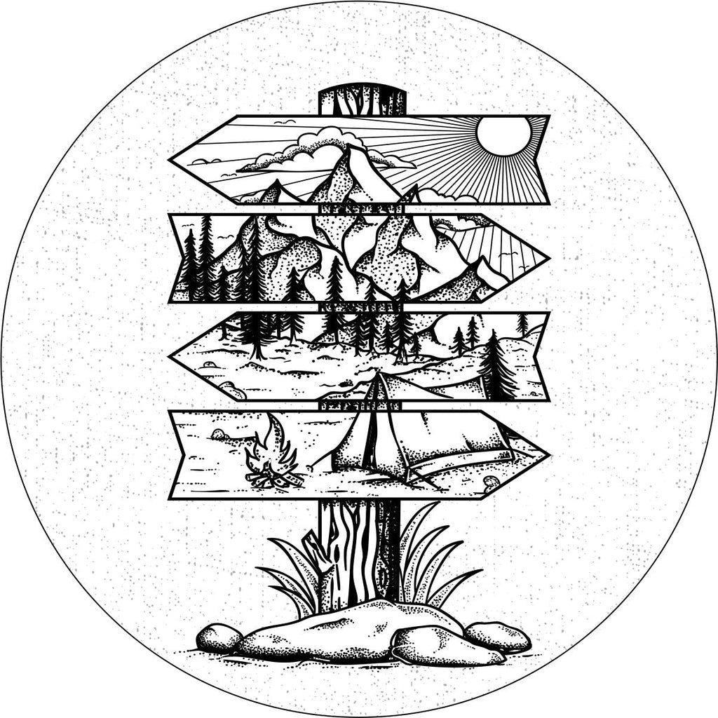 A creative and unique spare tire cover design of a wooden sign pointing in different directions with a landscape sketched of mountains and a camp site.