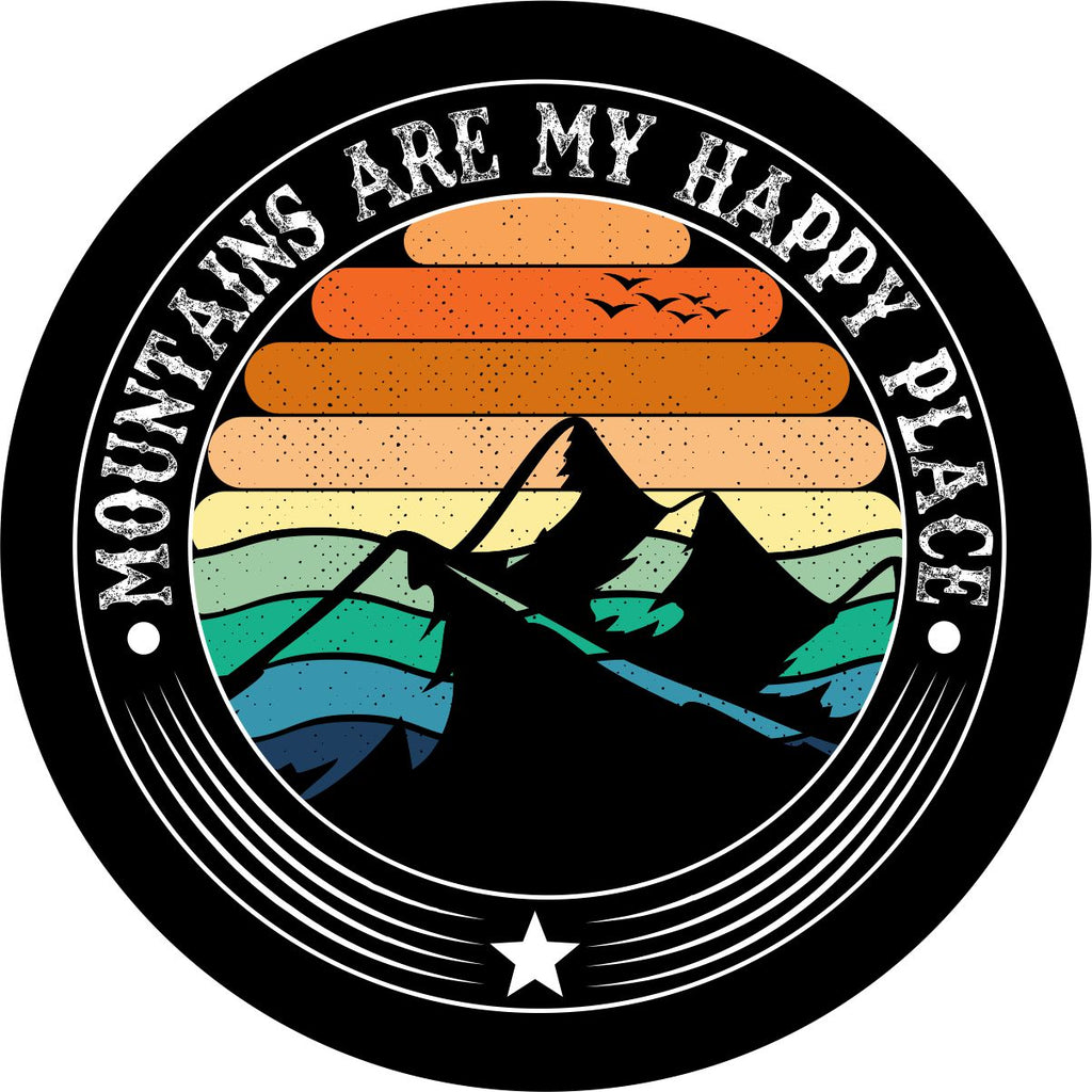 Multi-colored striped background with a mountain silhouette spare tire cover and the saying, "mountains are my happy place" written around the edge spare tire cover design.