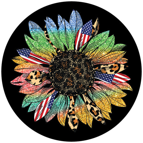 Sunflower Gone Wild - Cheetah Print, Rainbow Sparkles, American Flag Spare Tire Cover