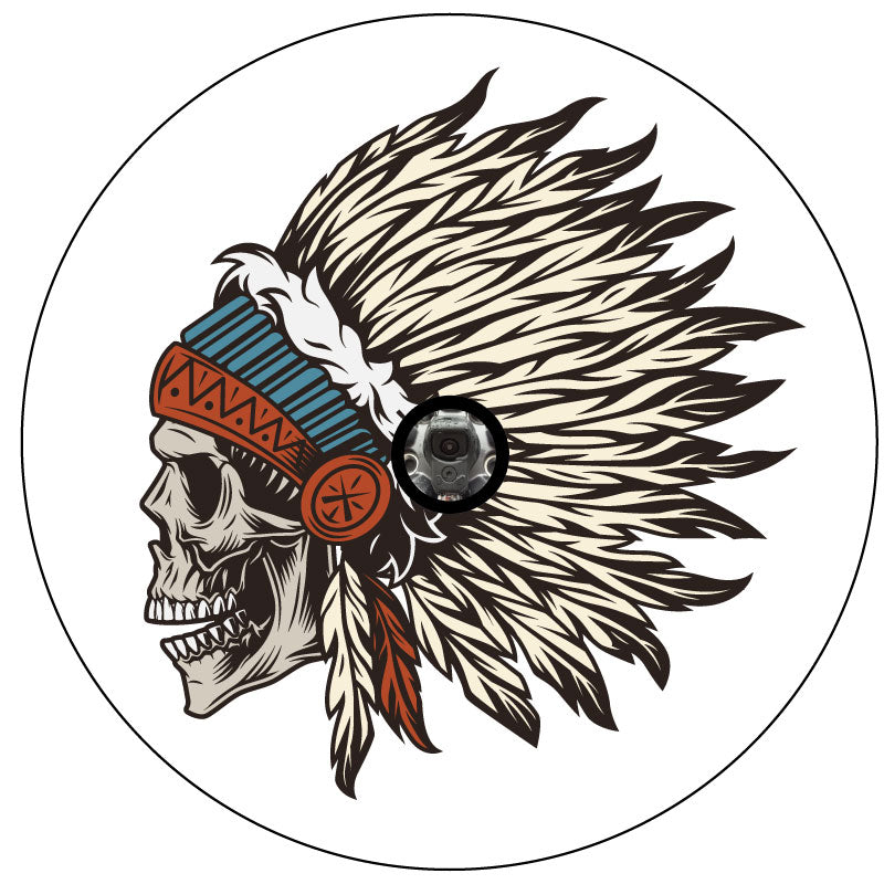 Side profile view of a skull wearing a native american headdress indian chief warrior spare tire cover design for Jeep, RV, Bronco, van, trailer, camper, and more on white vinyl with space for a back up camera hole