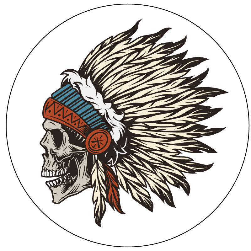 Fierce Native American warrior skull design. Profile view of skull with headdress on white vinyl
