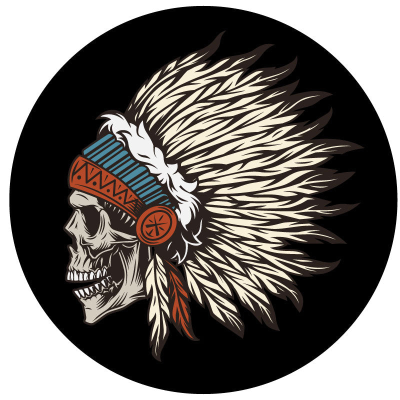 Side profile view of a skull wearing a native american headdress indian chief warrior spare tire cover design for Jeep, RV, Bronco, van, trailer, camper, and more on black vinyl