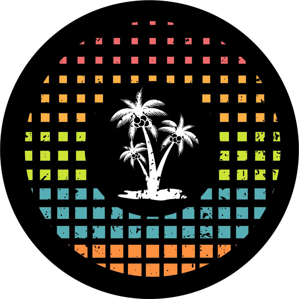 Square graph pattern of bright tropical colors red, orange, green, turquoise, and peach with a cluster of three white palm tree silhouettes in the center as a prototype for a spare tire cover for a Jeep, Bronco, RV, Camper, or Trailer spare tire