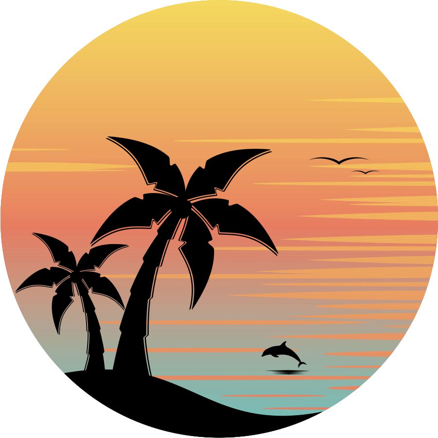 Spare tire cover design of pastel colored tropical scene landscape with the silhouette of palm trees, dolphins, and seagulls at sunset