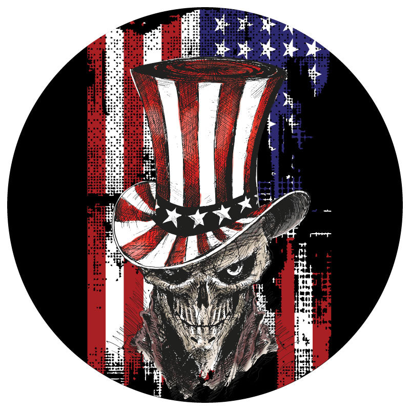 Red white and blue patriotic american flag skull sketched design spare tire cover for Jeep, Bronco, RV, camper, and more on black vinyl