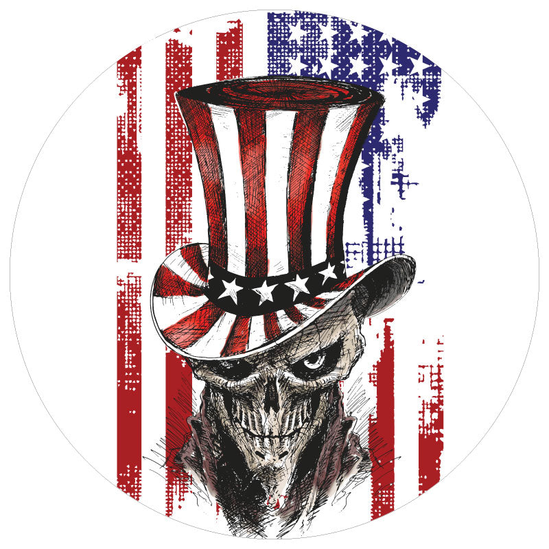 Red white and blue patriotic american flag skull sketched design spare tire cover for Jeep, Bronco, RV, camper, and more on white vinyl