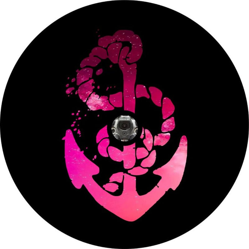 Tuscadero pink ombre anchor and rope spare tire cover design on black vinyl with back up camera