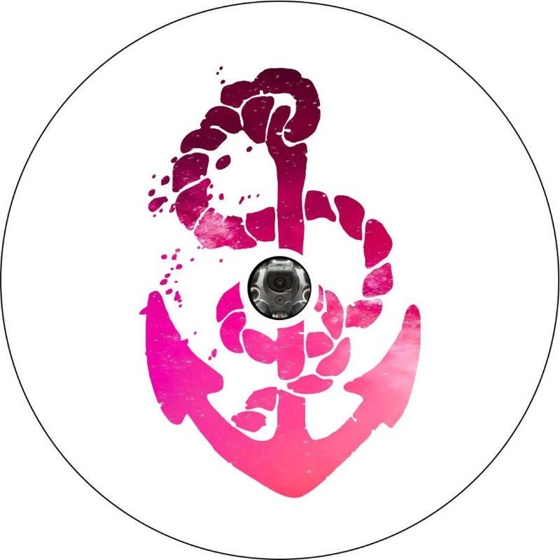 Tuscadero pink ombre anchor and rope spare tire cover design on white vinyl with back up camera