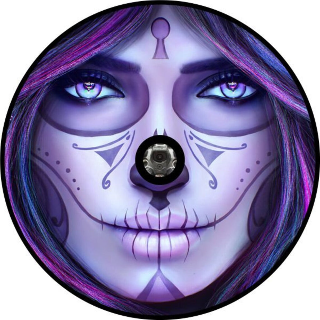 Purple hue dia de los muertos day of the dead sugar skull hand painted woman's face spare tire cover design for Bronco, camper, RV, and Jeep with camera hole