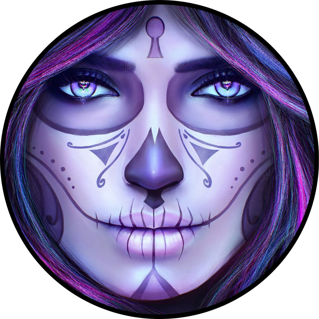 Purple hue dia de los muertos day of the dead sugar skull hand painted woman's face spare tire cover design