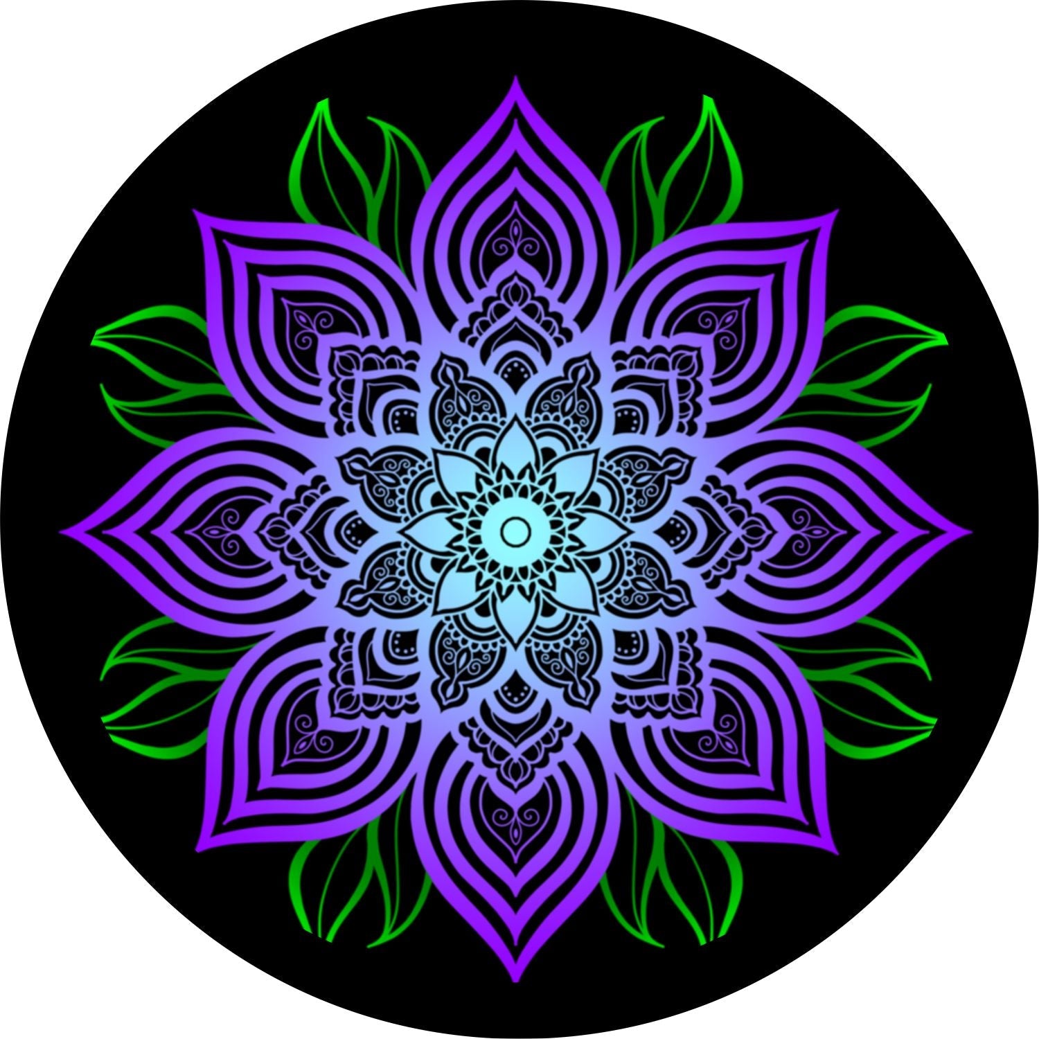 Purple Mandala Flower with Green Leaves Spare Tire Cover for any Vehicle, Make, Model and Size