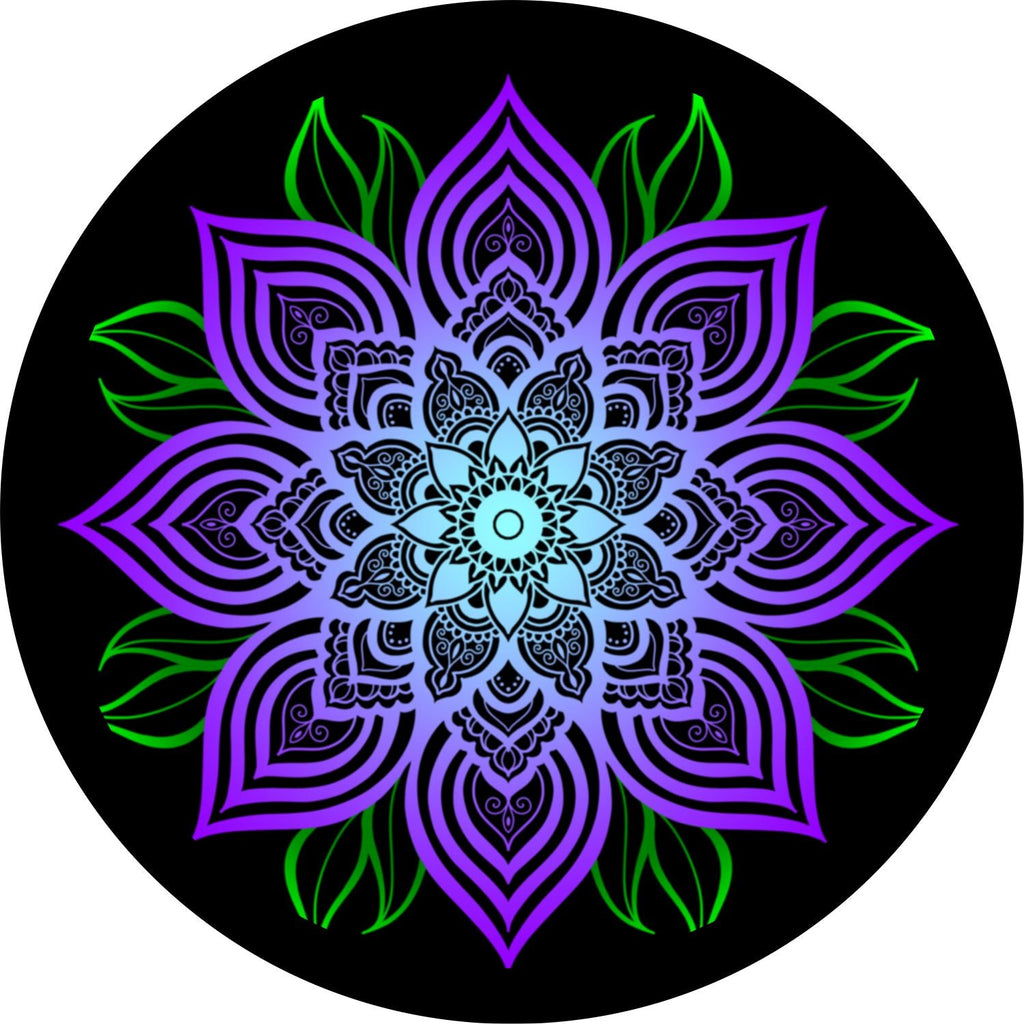 Purple Mandala Flower with Green Leaves Spare Tire Cover for any Vehicle, Make, Model and Size