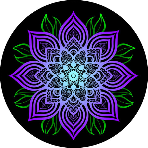 Purple Mandala Flower with Green Leaves Spare Tire Cover for any Vehicle, Make, Model and Size