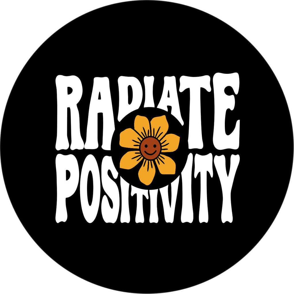 Radiate positivity with a smiling flower in the center designed for a Jeep spare tire cover, bronco spare tire cover, RV spare tire cover, campers, trailers, vans, and more
