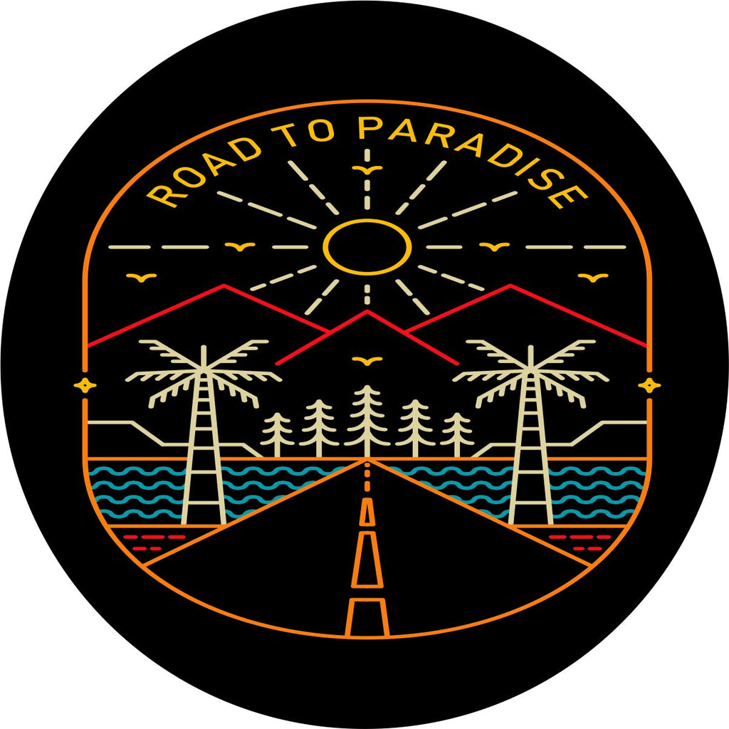 Thin lined designed gives the look of an embroidered spare tire cover design. Road to paradise tire cover with a scene of  road, trees, mountains, and the sun.