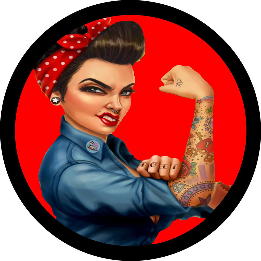 Red background fierce tattooed Rosie the Riveter spare tire cover custom made to order for any size vehicle including spare tire cover for Jeep, camper, Bronco, RV, FJ Cruiser, trailers, and more.