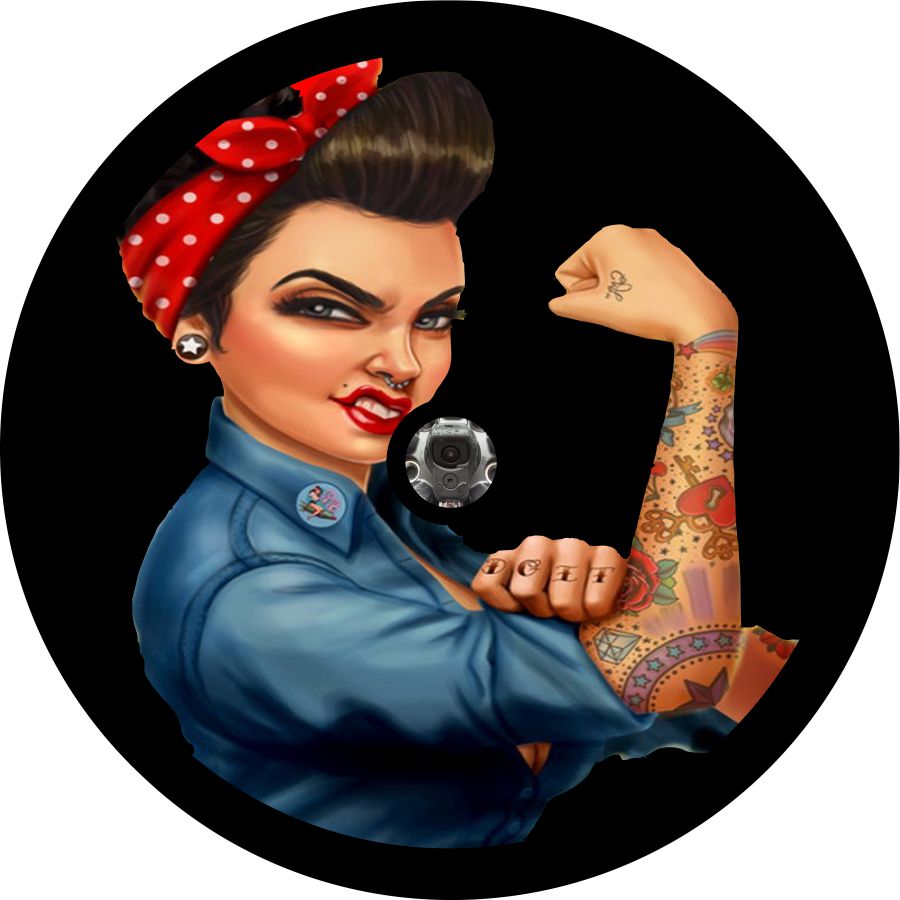 Black background fierce tattooed Rosie the Riveter spare tire cover custom made to order for any size vehicle including spare tire cover for Jeep, camper, Bronco, RV, FJ Cruiser, trailers, and more. Jeep spare tire cover design for camera hole