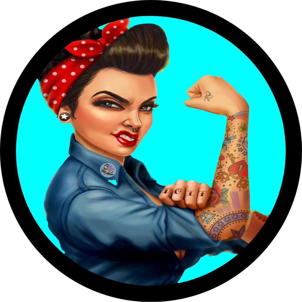 Turquoise background fierce tattooed Rosie the Riveter spare tire cover custom made to order for any size vehicle including spare tire cover for Jeep, camper, Bronco, RV, FJ Cruiser, trailers, and more.