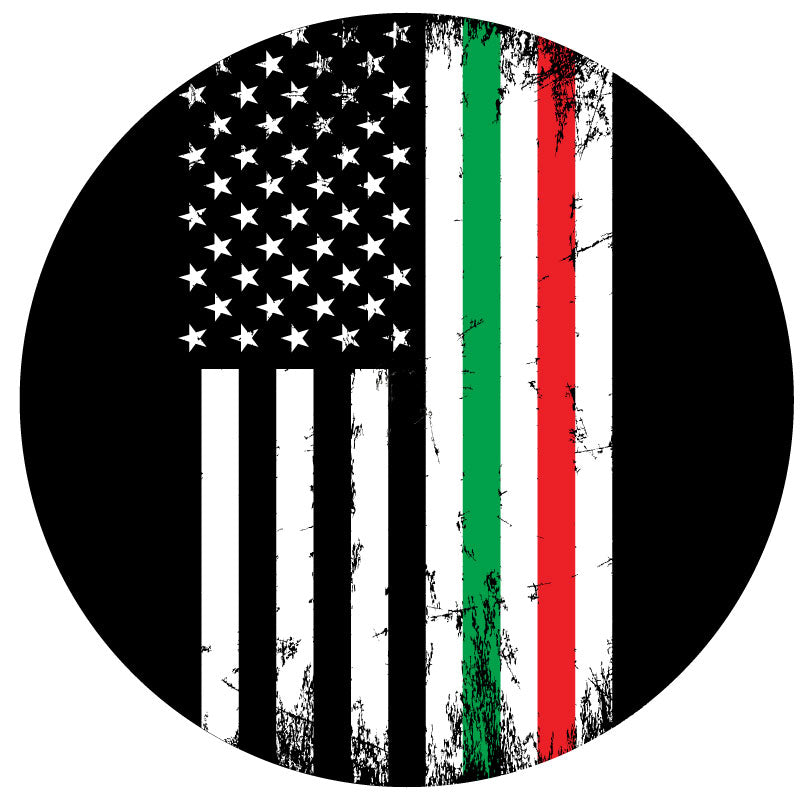 A rustic American flag, vertical in direction, in black and white, with a thin line of green and red in the middle to represent the Italian flag colors. Italian American pride custom spare tire cover for Jeep Wrangler, Ford Bronco, RV, Campers, Trailers, and more.