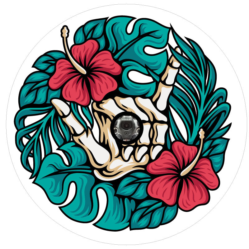 Shaka skeleton hand spare tire cover with hibiscus and palm leaves spare tire cover cover for white vinyl and back up camera