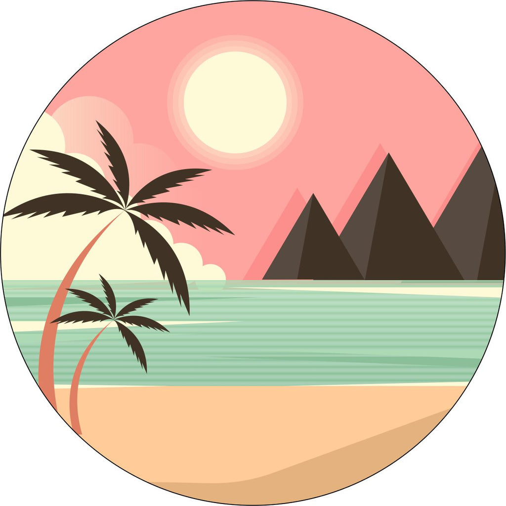 Light pastel colored tropical beach scene where the mountains meet the sea spare tire cover for Jeep, RV, Bronco, Camper, and more.