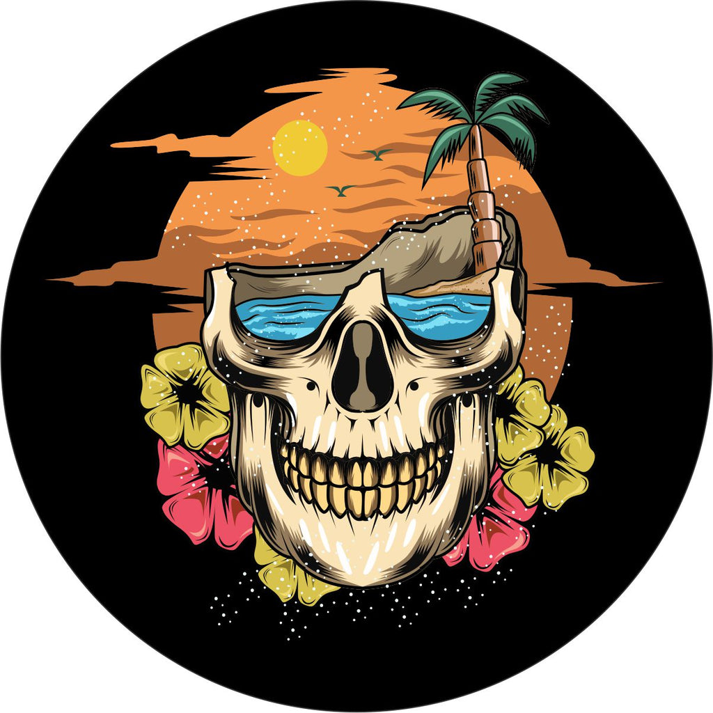 Smiling skull spare tire cover design layered into a beach scene with the ocean, palm trees, and tropical hibiscus flowers for black vinyl covers.
