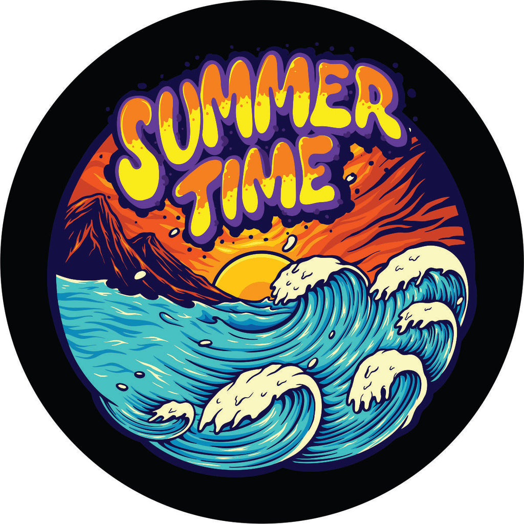 Spare tire cover design with the words summer time above a retro 90's-style hand painted beach scene with waves rolling in and the mountains in the background plus the sunset.