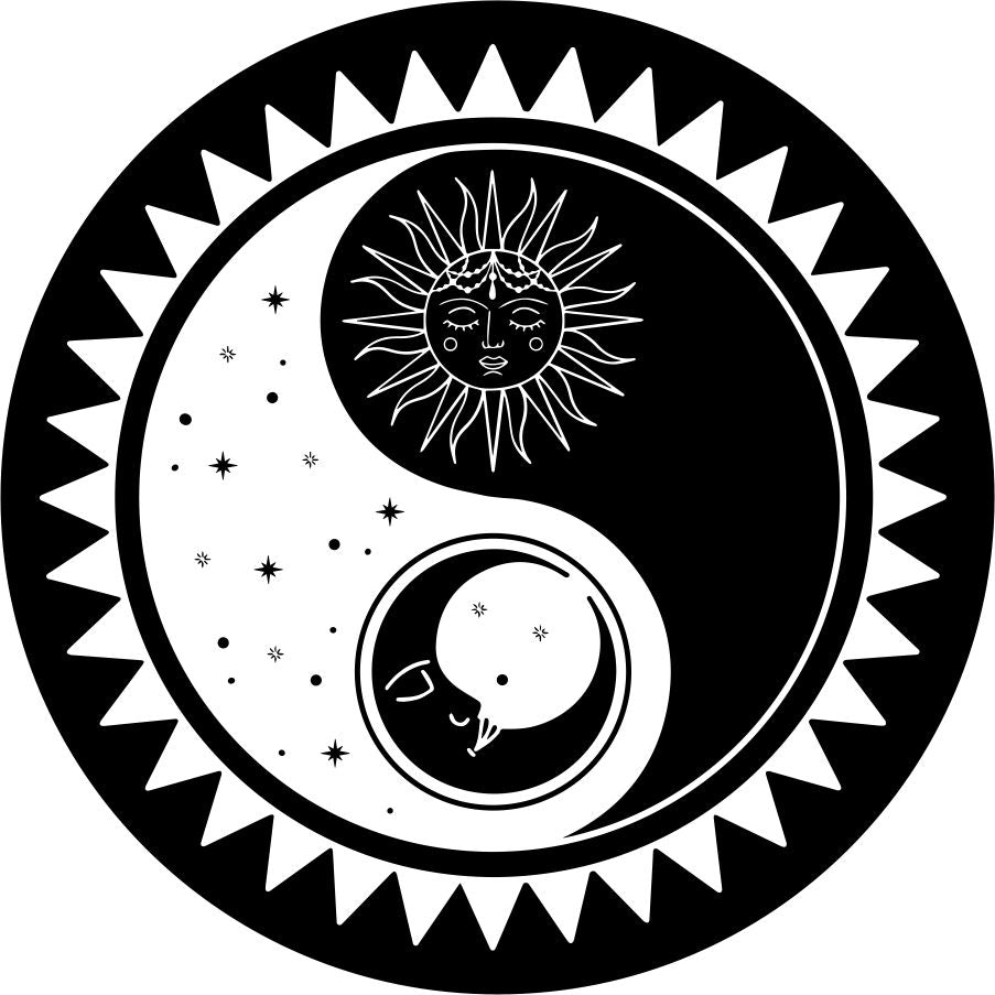 yin yang symbol made up of the moon and the sun with the stars and the sky for a spare tire cover design