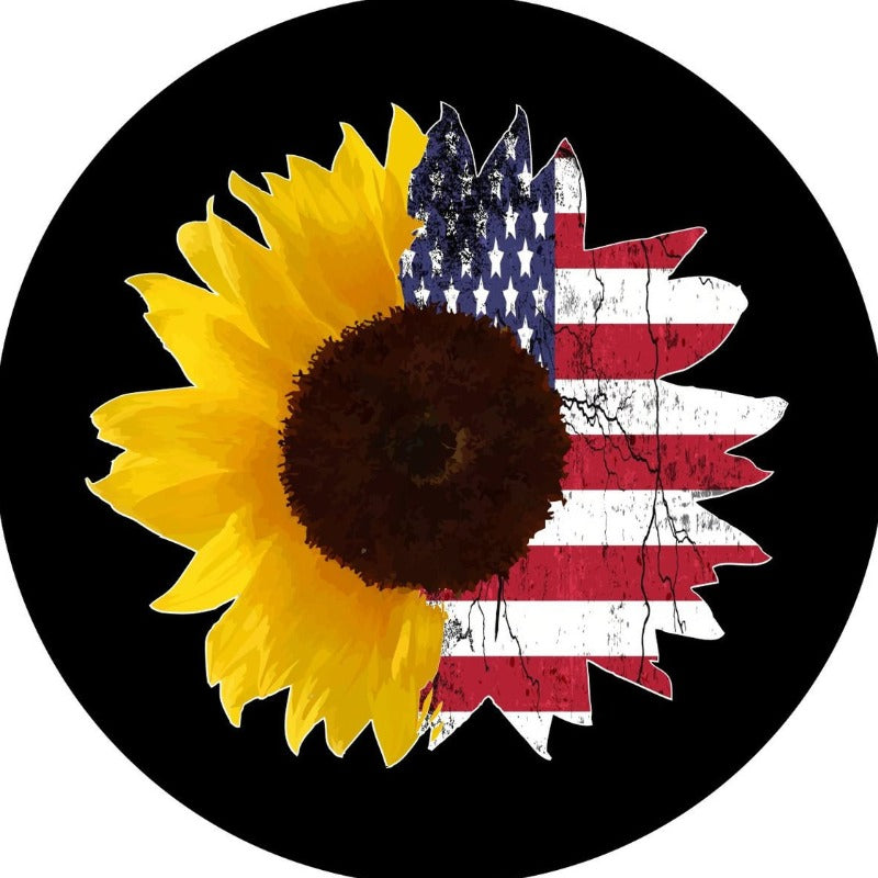 Sunflower colored half and half with it's original sunflower color and the other half is a rustic american flag print. Half sunflower half american flag spare tire cover for Jeep, Bronco, RV, camper, van, and more