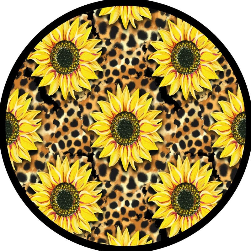 leopard print and sunflower pattern spare tire cover. Unique spare tire cover with cheetah leopard or animal print design and cute sunflowers