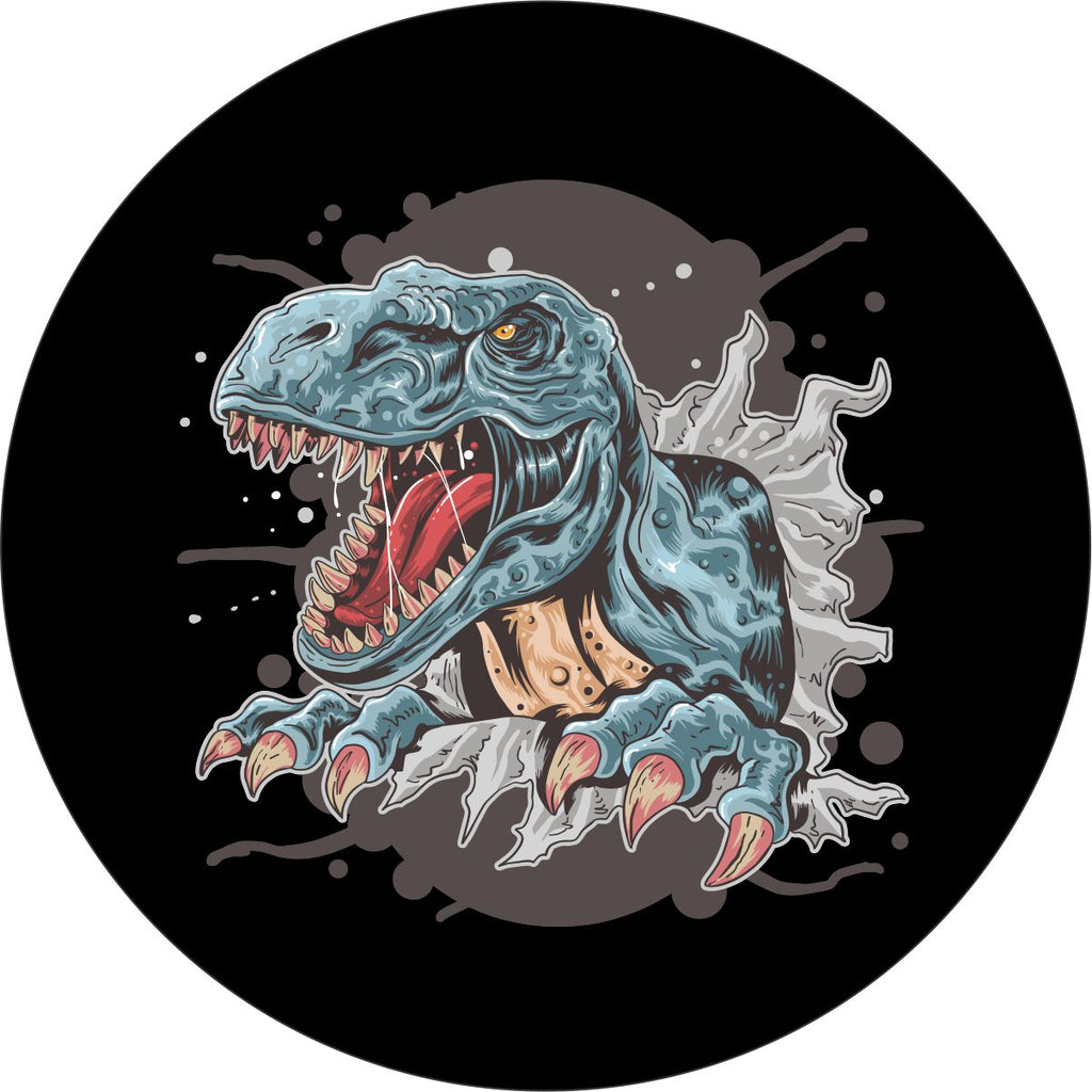 Tyrannosaurus rex clawing and climbing out of a spare tire cover creative design for a black vinyl spare tire. Great for Jeep, Bronco, RV, Trailers, Campers, and any other vehicle with a spare wheel.