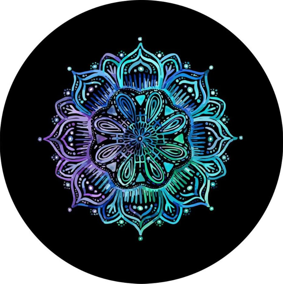 Teal and purple mandala flower design for a black vinyl spare tire cover for Jeep, Bronco, RV, trailers, campers, and more