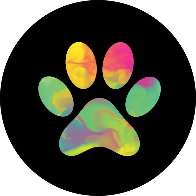 Tie dye paw print design on a black vinyl spare tire cover for a Jeep, Bronco, RV, camper, and any other vehicle request.