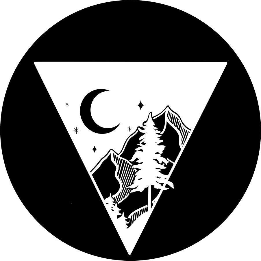 An upside down triangle with a graphic of a mountain peek the moon and a tree for a black vinyl spare tire cover for Jeep, Bronco, etc. 