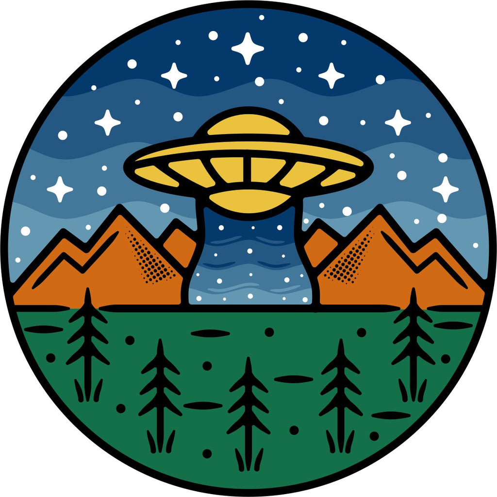 Themed UFO alien spare tire cover design. UFO coming down into the mountains. Spare tire cover for Jeep, Bronco, RV, campers, and more.
