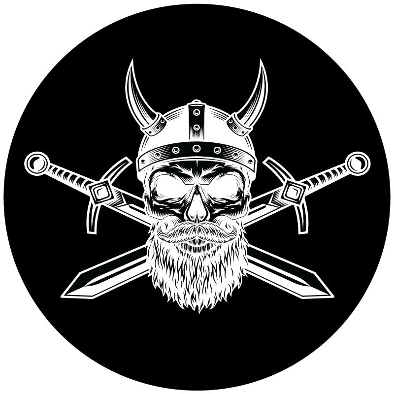 Nordic Viking Warrior skull with cross swords in white on black vinyl spare tire cover for Jeep, Bronco, RV, and more