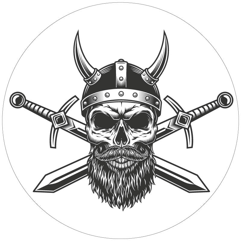 Nordic Viking Warrior skull with cross swords in dark gray black on white vinyl spare tire cover for Jeep, Bronco, RV, and more