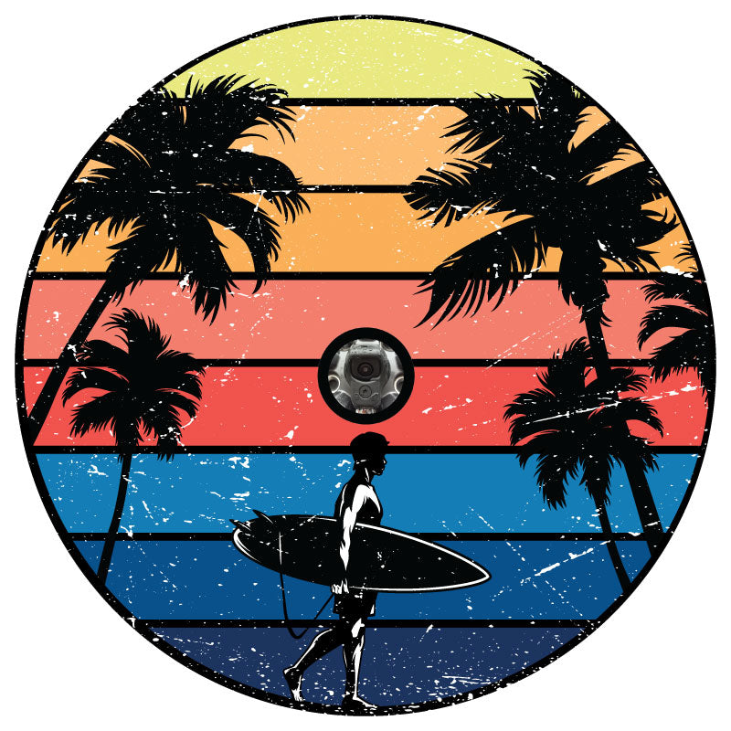 Retro vintage unique spare tire cover with a surfer and palm trees and a multicolored background replicating the colors of a sunset and the ocean with JL back up camera design
