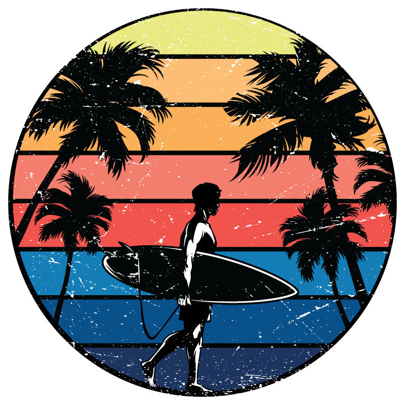 Retro vintage unique spare tire cover with a surfer and palm trees and a multicolored background replicating the colors of a sunset and the ocean