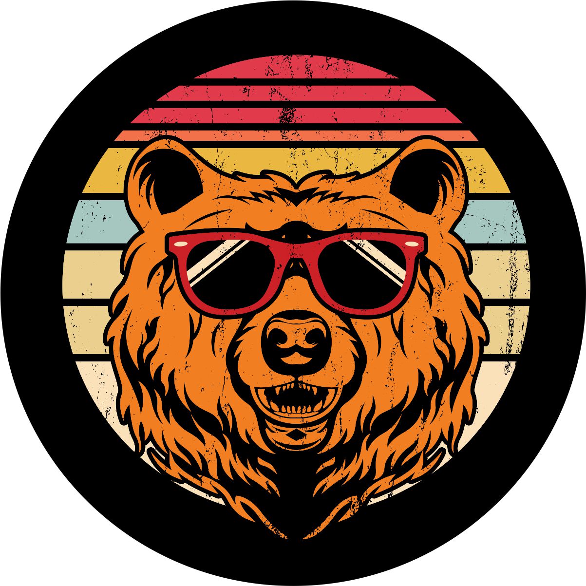 Spare tire cover on black vinyl of red, yellow, and cream stripes in the background with a rustic vintage look and a bear head wearing sunglasses. 