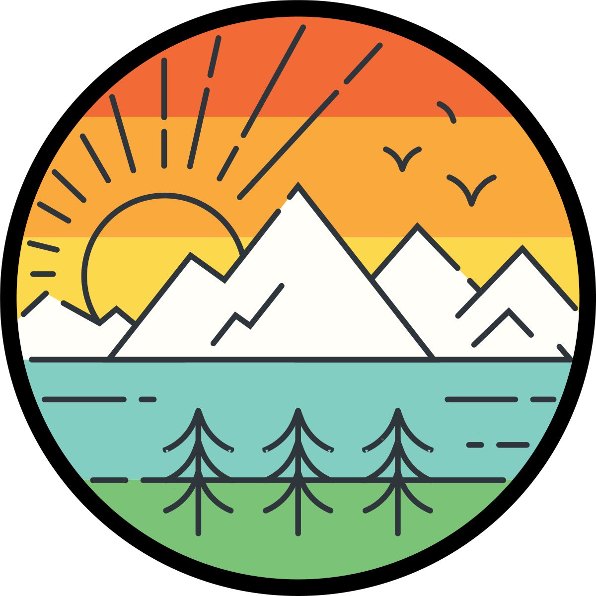 Landscape mountain tire cover design with thin lined graphics to create a cute and whimsical retro design. Spare tire cover for Jeep, RV, bronco, and more.