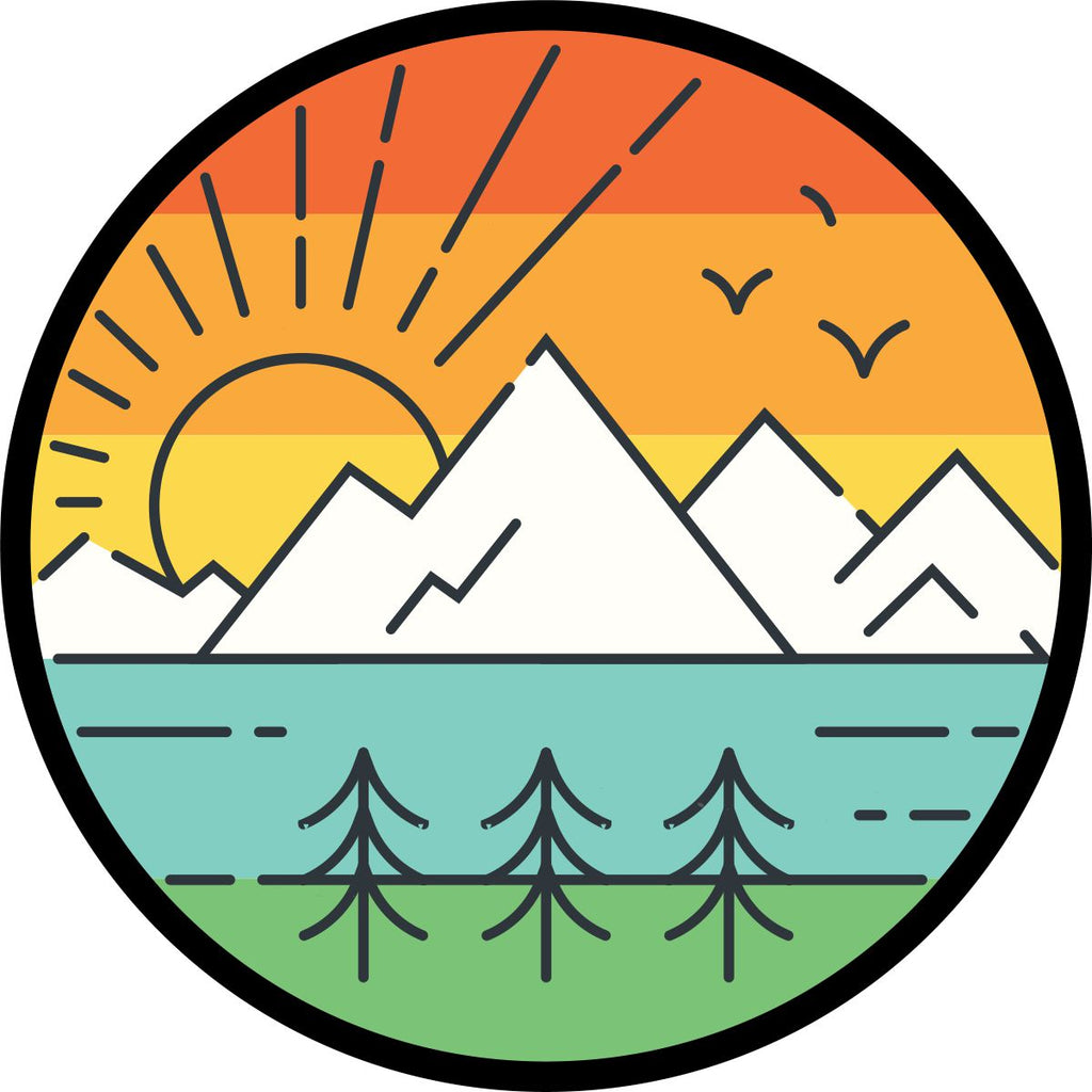 Landscape mountain tire cover design with thin lined graphics to create a cute and whimsical retro design. Spare tire cover for Jeep, RV, bronco, and more.