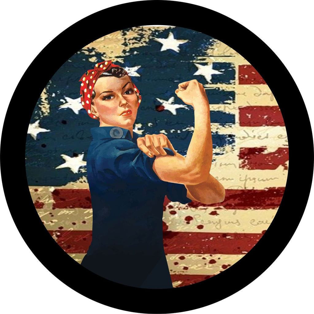 A vintage distressed American flag backdrop with the original vintage Rosie the Riveter spare tire cover design. The iconic Rosie the Riveter as a spare tire cover. 