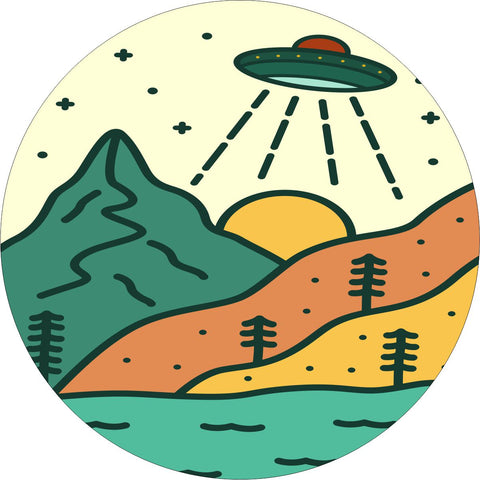 Vintage UFO in the Mountains Spare Tire Covers for Jeep, Bronco, RV, Campers, Trailers, & More