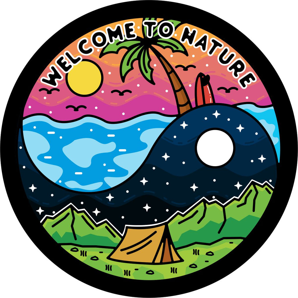 Creative and unique spare tire cover. Yin yang design with welcome to nature. Displaying the best of nature including the tropical coastal beach to camping under the stars in the mountains.