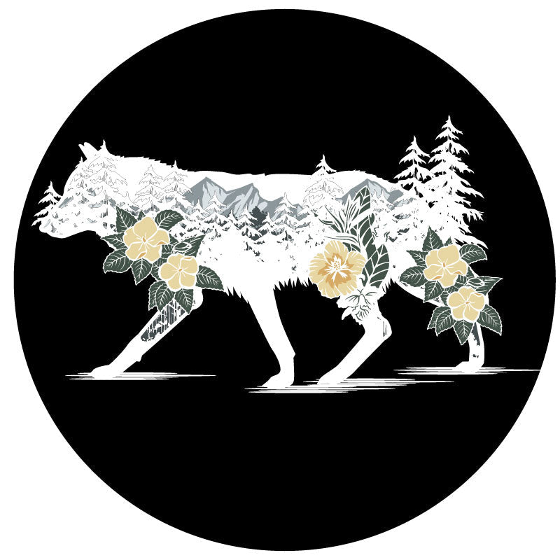 White wolf unique spare tire cover design with the wild wilderness mountains, trees and flowers double exposed inside the wolf