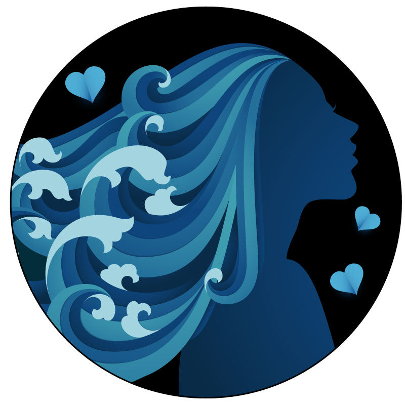 Unique spare tire cover design of a silhouette of a woman in the colors teal and blue with long flowing beautiful hair that looks like the ocean and waves crashing.